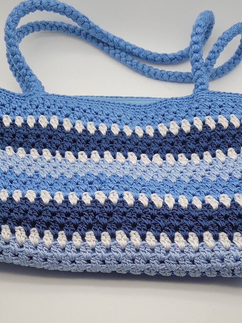 Lina striped crochet shoulder bag, blue white, zip closure, silver hardware